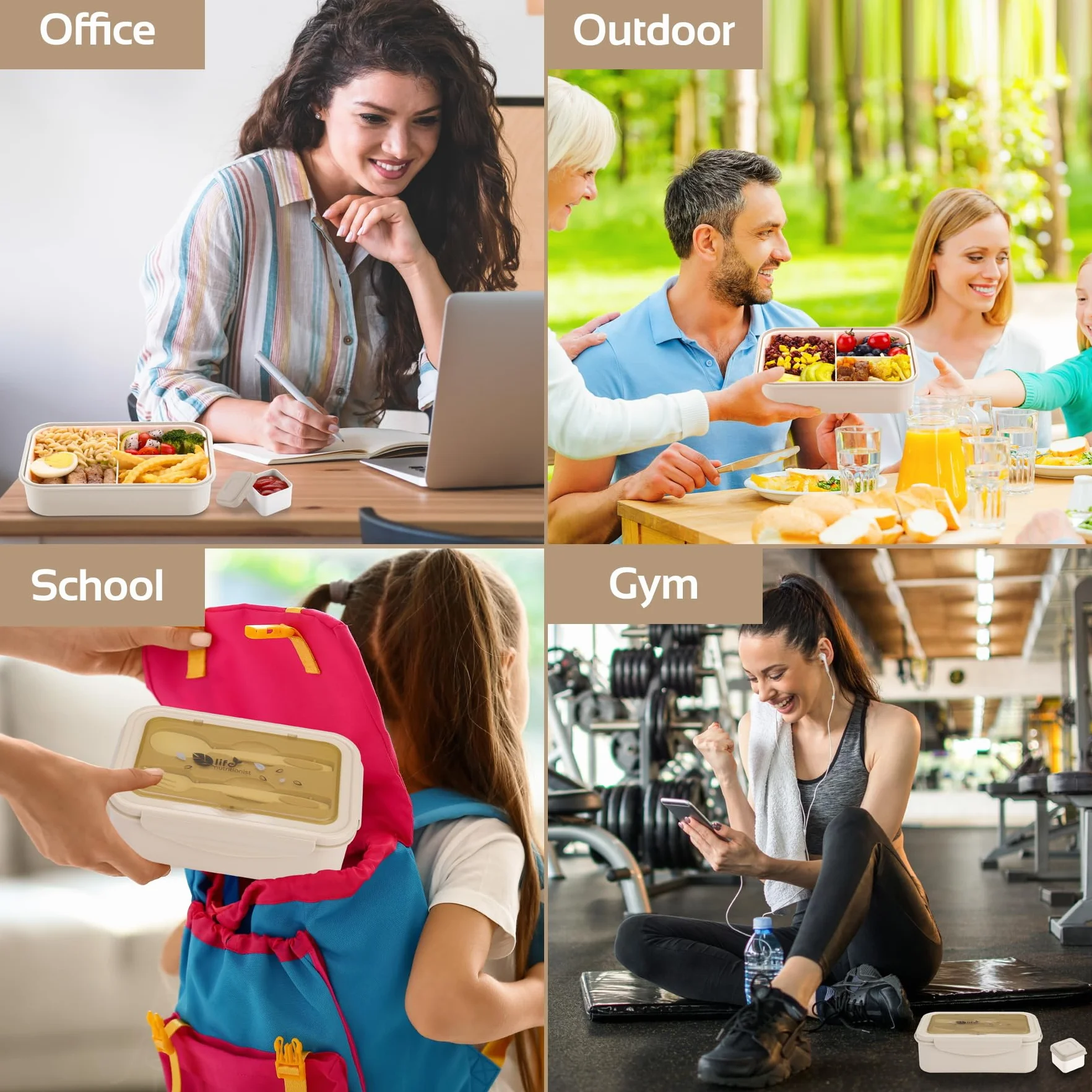 LUZOON Bento Lunch Box,1400ml Bento Box con 3 Scomparti e Posate per Adulti, Porta Pranzo con Posate e Scatola Per Salse,Senza BPA,Sicuri per Microonde e Lavastoviglie (Kaki)