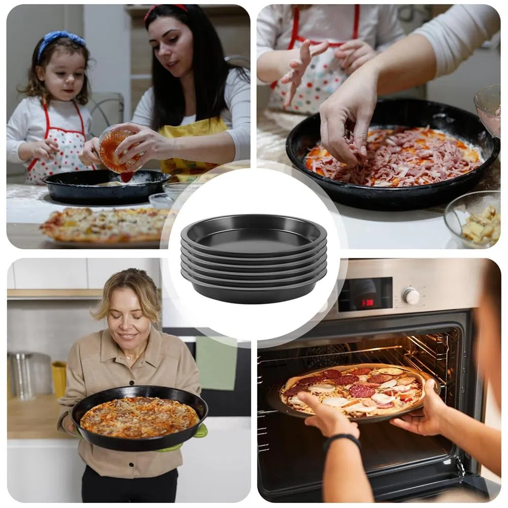Set 6 Piatti Pizza, Piatti Pizza Rotondi, Diametro 20 Cm, Teglia Pizza in Acciaio, Rivestimento Antiaderente, Atossico e Facile da Pulire