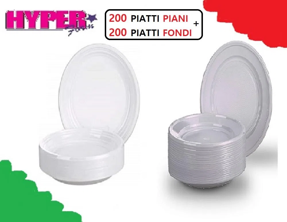 HYPER form - 200 Piatti Piani + 200 Piatti Fondi di Plastica Riutilizzabile Rigida, Lavabili 20 Cicli in Lavastoviglie
