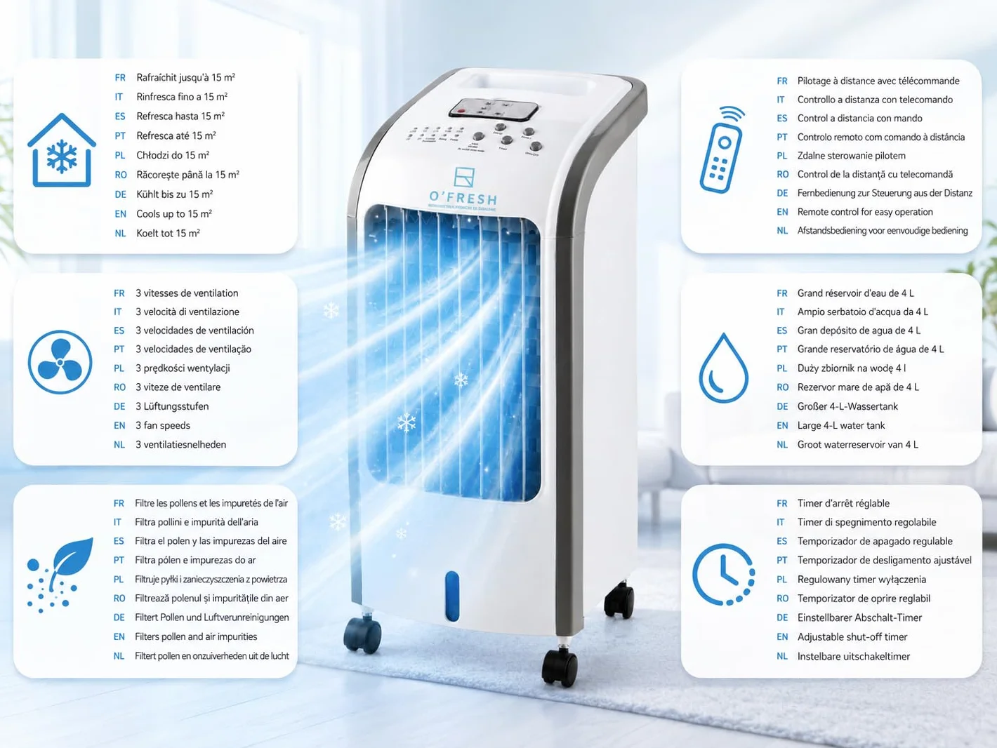O'FRESH Condizionatore d'aria portatile 3 in 1 - Rinfresca efficacemente l'ambiente - Spegnimento automatico - 80 W - 57 x 26 x 24 cm - Bianco - Rinfrescatore d'aria - Telecomando