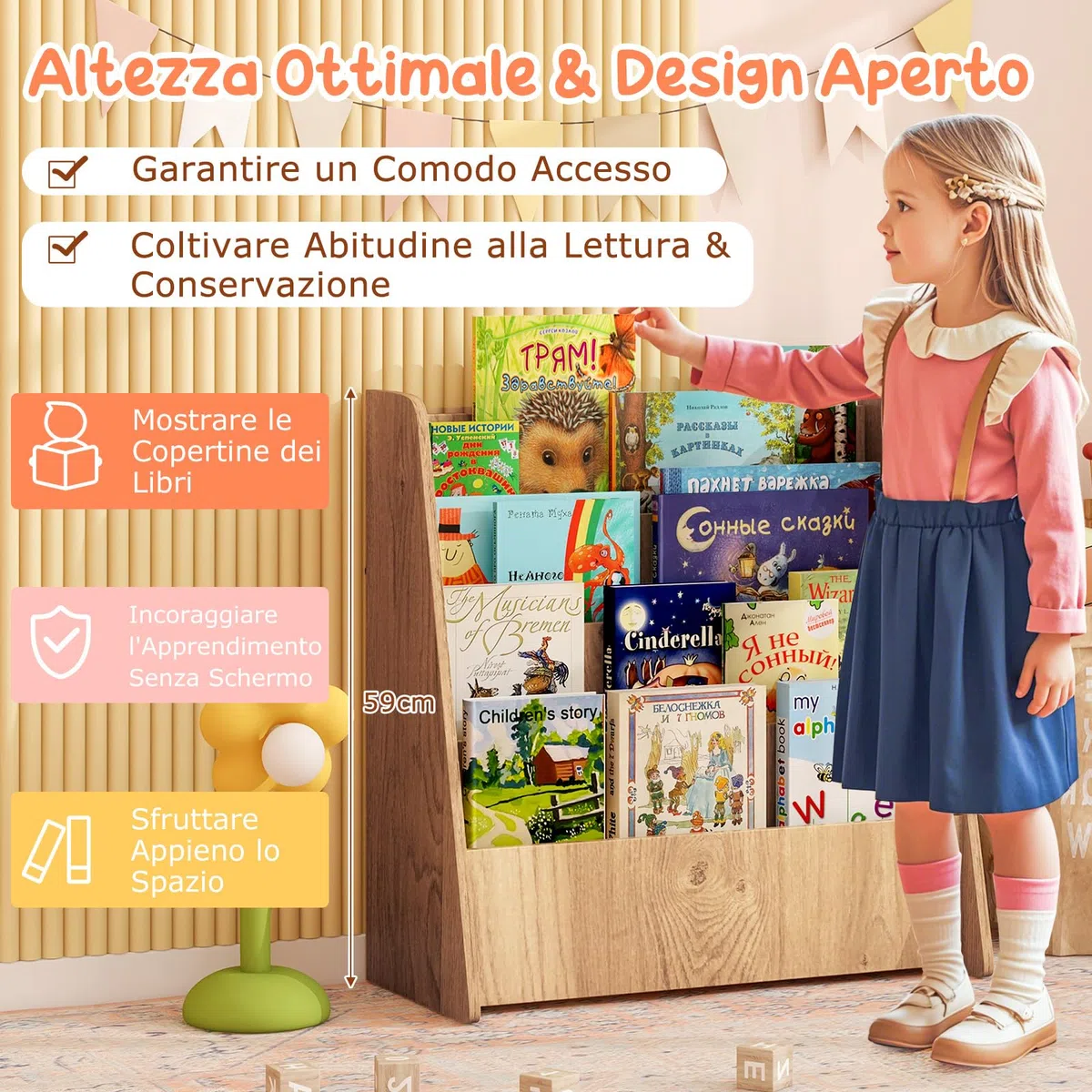 RELAX4LIFE Libreria Montessoriana per Bambini, Libreria in Legno a 4 Ripiani, Carico 40KG, Portariviste da Terra, Mobiletto Porta Libri per Cameretta e Asilo Nido (Naturale, 57,5x26,5x59 cm)
