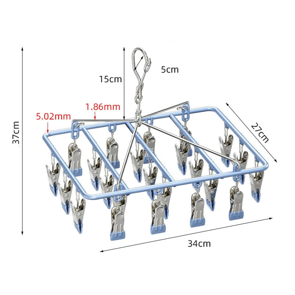 Antivento pieghevole rettangolare stendino, Clip in acciaio inox stendino per calzini con 23 clip, Stendibiancheria Con Gancio Girevole, Antivento, Per Calze, Biancheria Intima(23 mollette)(blu)