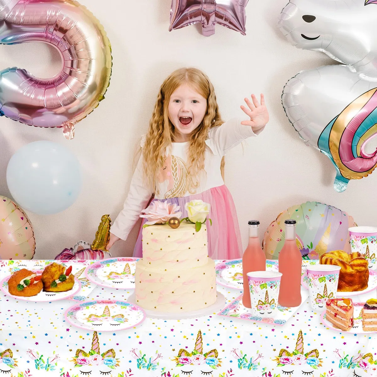 Bikasun Set di stoviglie per feste con unicorno, 16 ospiti, set di piatti con unicorno, per compleanno, per bambini, piatti di carta, tovaglioli, tovaglioli, decorazione per feste