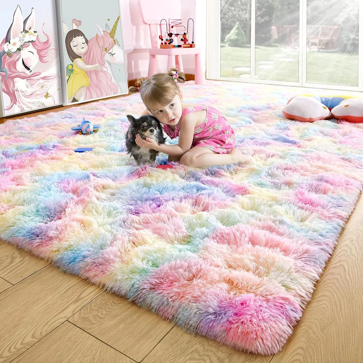 Tappeto di lusso morbido per camera da letto, soggiorno e cameretta dei bambini, motivo: Batik rosa arcobaleno, 3 strati, 60 x 120 cm