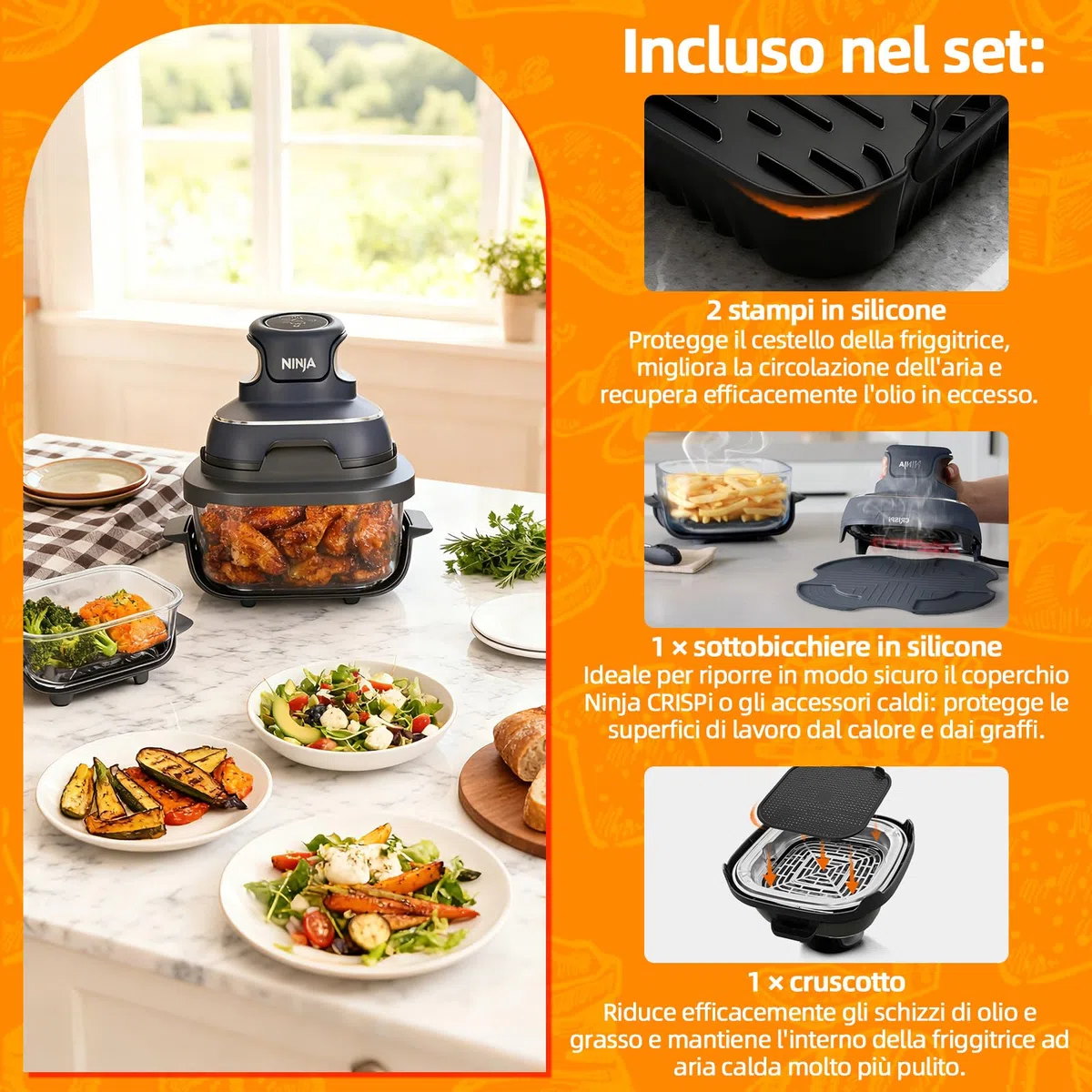 Accessori Airfryer per Ninja CRISPi FN101EU – 2 Stampi in Silicone con Coperchio Antischizzo & Tappetino in Silicone, Inserti Compatibili per Ninja CRISPi 4-in-1 Portable Glass Airfryer