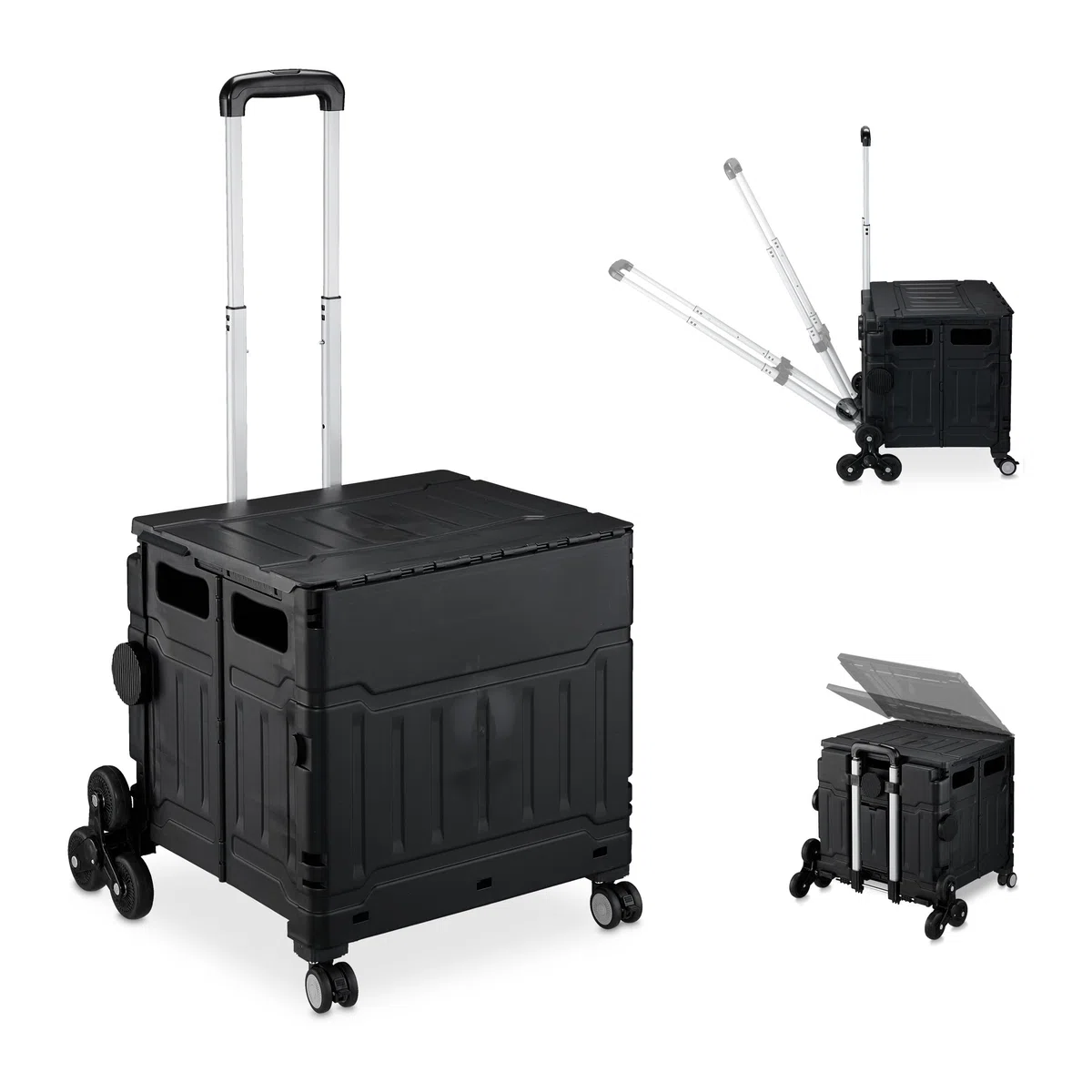 Relaxdays Carrello per Spesa Montascale, 50 kg Carico, Manico e Coperchio, Carrellino Trolley Portaspesa, Nero