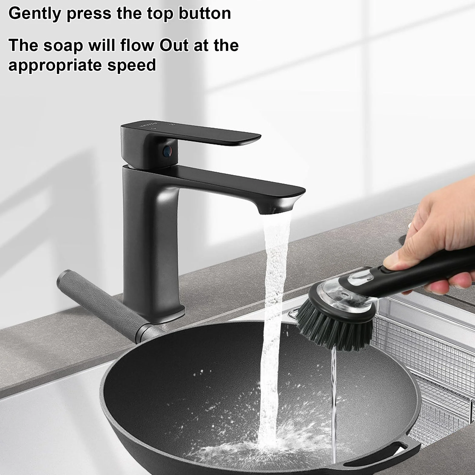 Spazzola Piatti Con Dispenser con 3 Testine Di Ricambio Spazzola per Piatti Setole Rigide Forte Rimozione Delle Macchie Spazzola Piatti Impugnatura Morbida Grigio