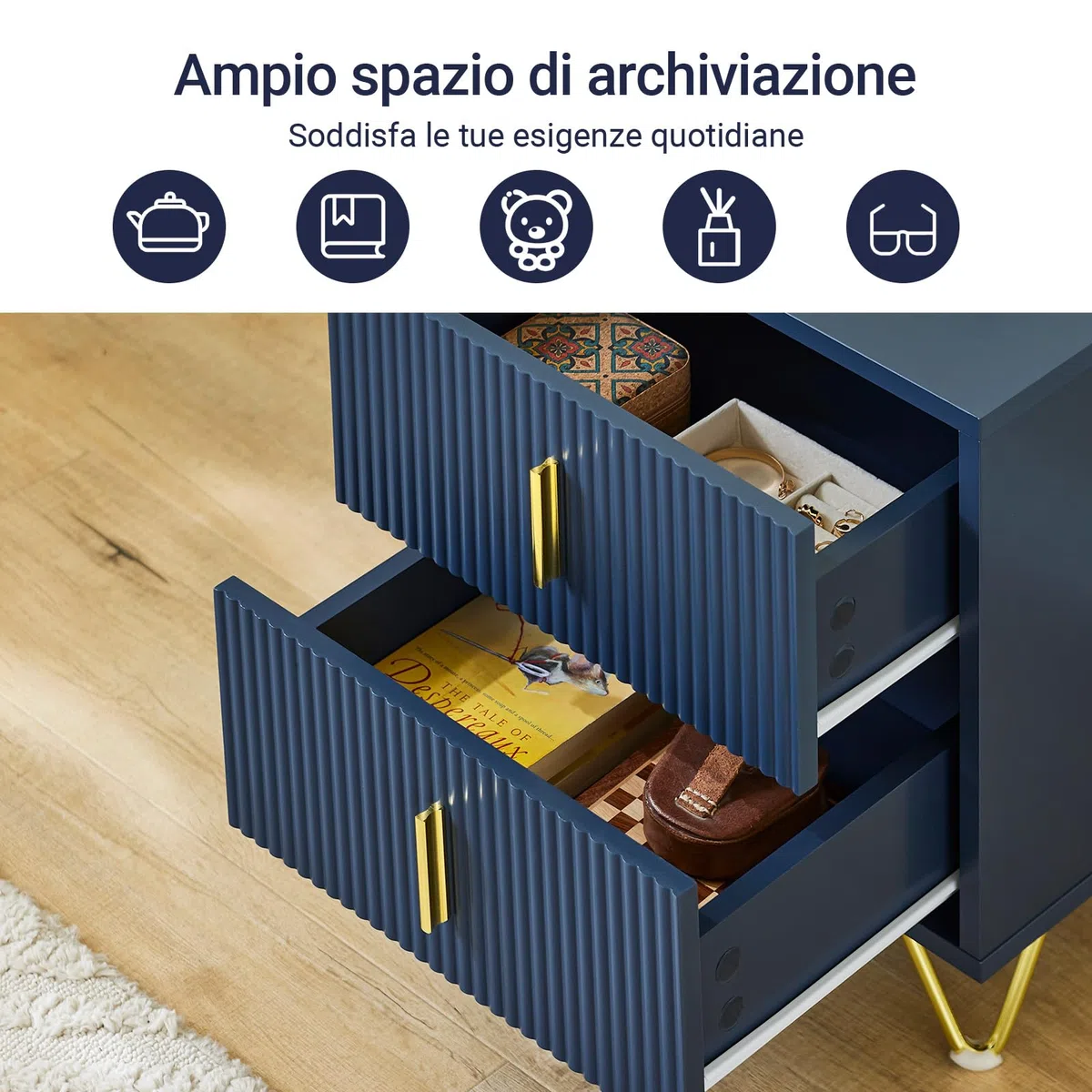 SoBuy Comodino, Comodino con 2 cassetti, Tavolino moderno per camera da letto e soggiorno, Blu L40 x P40 x A47 cm FBT115-B
