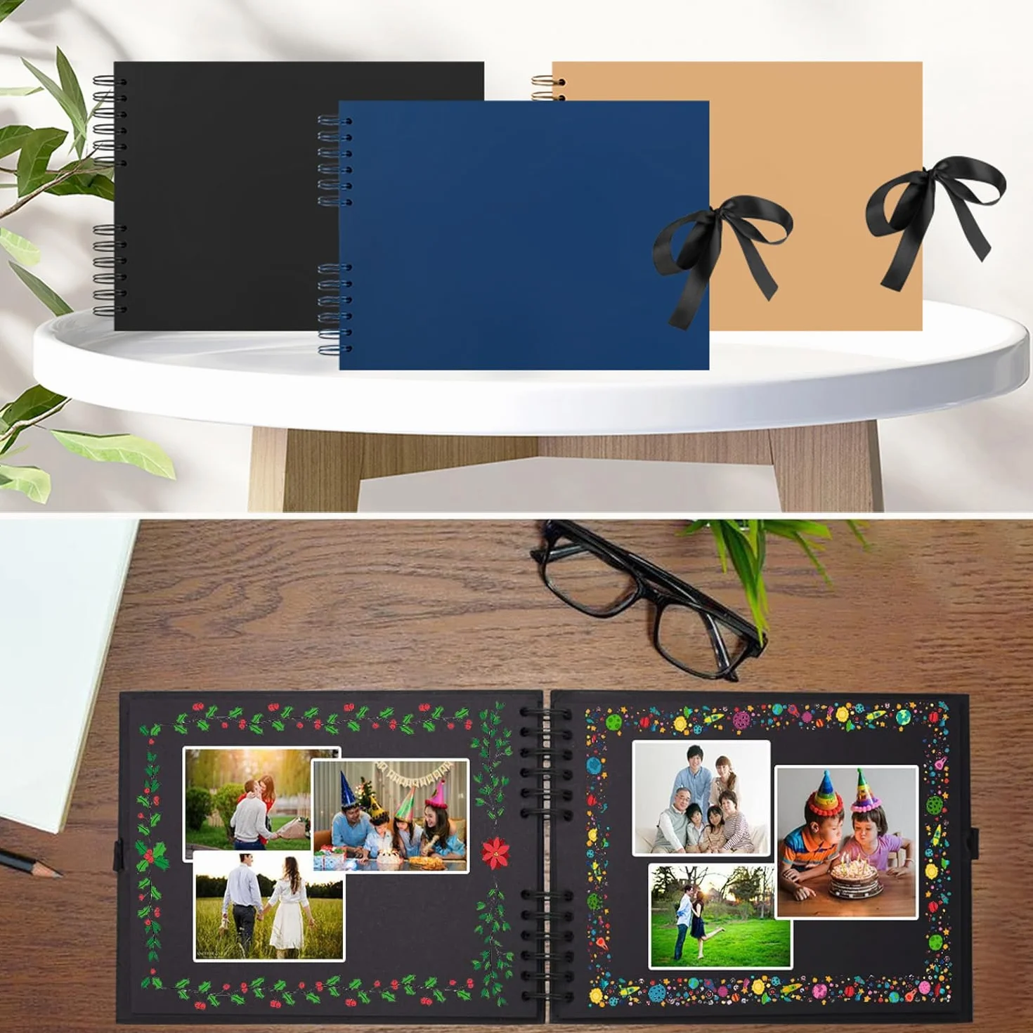 Album Fotografico 80 Pagine Nere, Spirale Scrapbooking Album Foto Ricordi Fai da Te Fotografie, Regali Natale San Valentino Idee Regalo di Anniversario Compleanno (Nero)