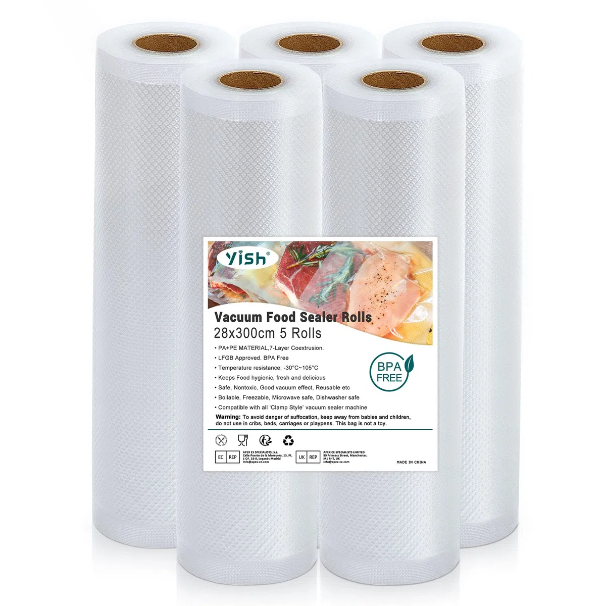 YISH Sacchetti per Sottovuoto Alimenti：28x300cm 5 Rotolo, Buste Sottovuoto Alimenti senza BPA, Rotolo Sottovuoto Alimenti per Macchine Sottovuoto, Sacchetti Sottovuoto Alimenti Goffati