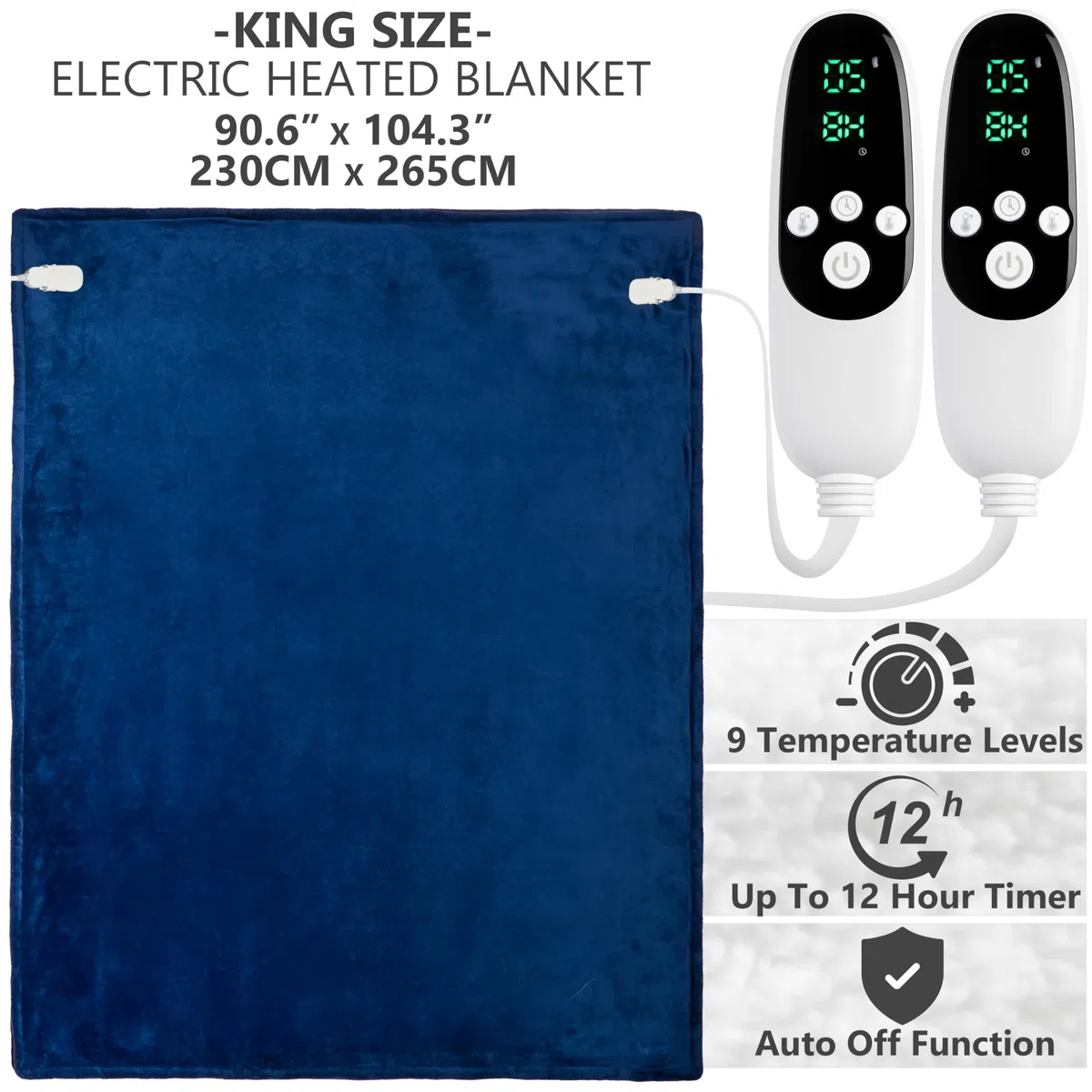 Get Trend Coperta Riscaldante Elettrica King 230x265 cm, Plaid in Pile Sherpa, 9 Livelli, Timer 12 Ore, Riscaldamento Elettrico Rapido, Idea Regalo Cosy (Blu Navy, King EU)