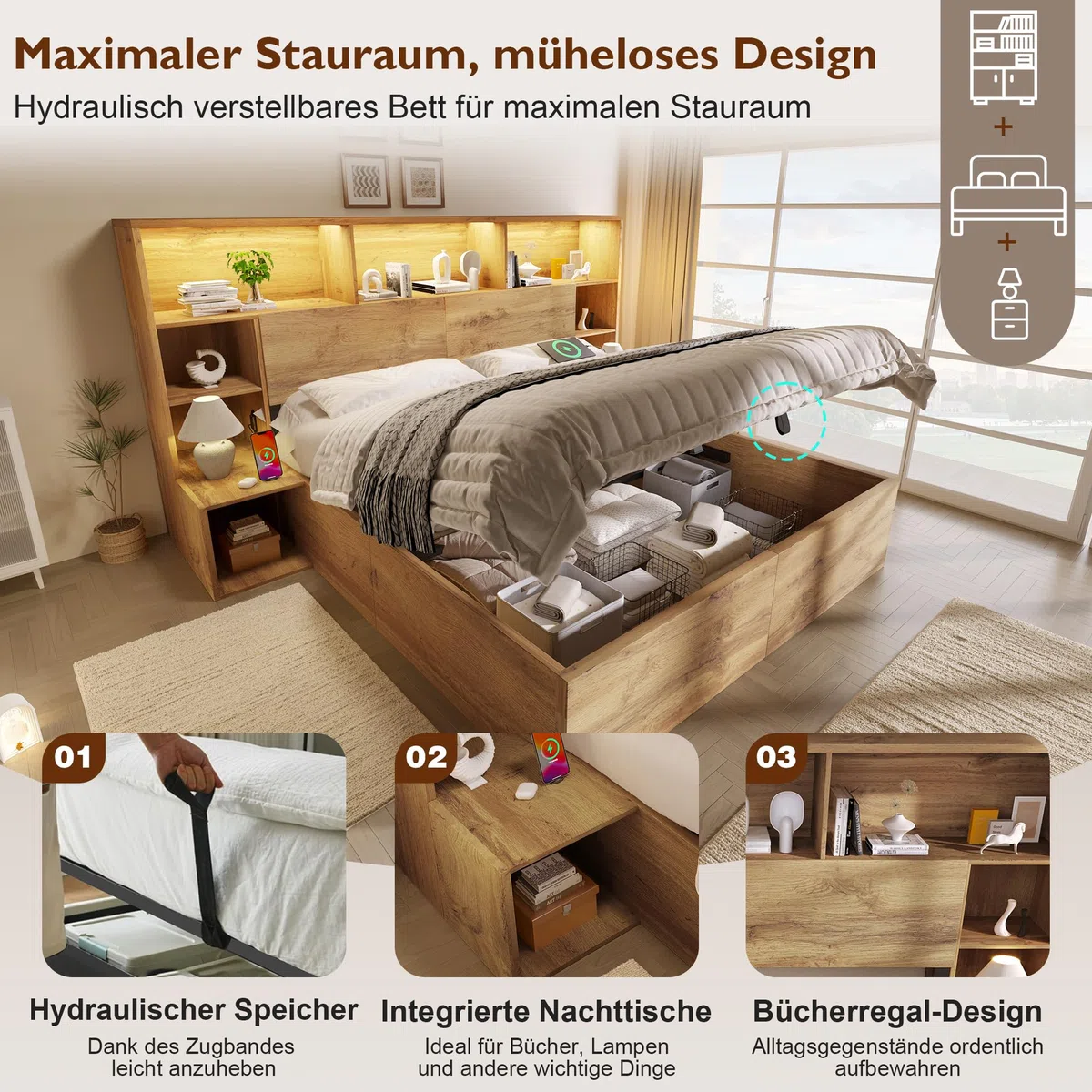 Letto matrimoniale in legno, 160 x 200 cm, letto in legno massello, con vano idraulico e comodini integrati, con ripiano per testiera e rete a doghe, letto di sistema, rovere (senza