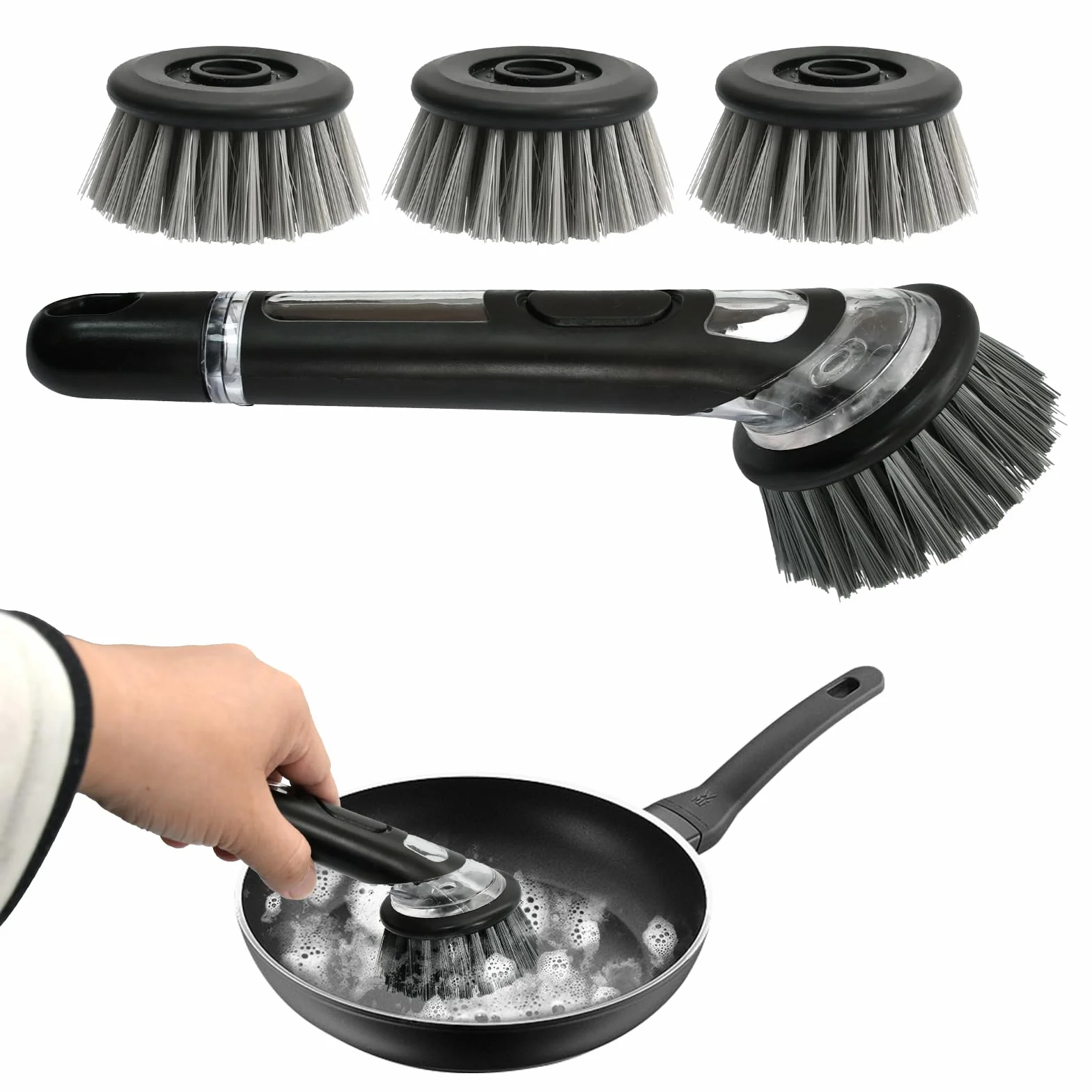 Spazzola Piatti Con Dispenser con 3 Testine Di Ricambio Spazzola per Piatti Setole Rigide Forte Rimozione Delle Macchie Spazzola Piatti Impugnatura Morbida Grigio