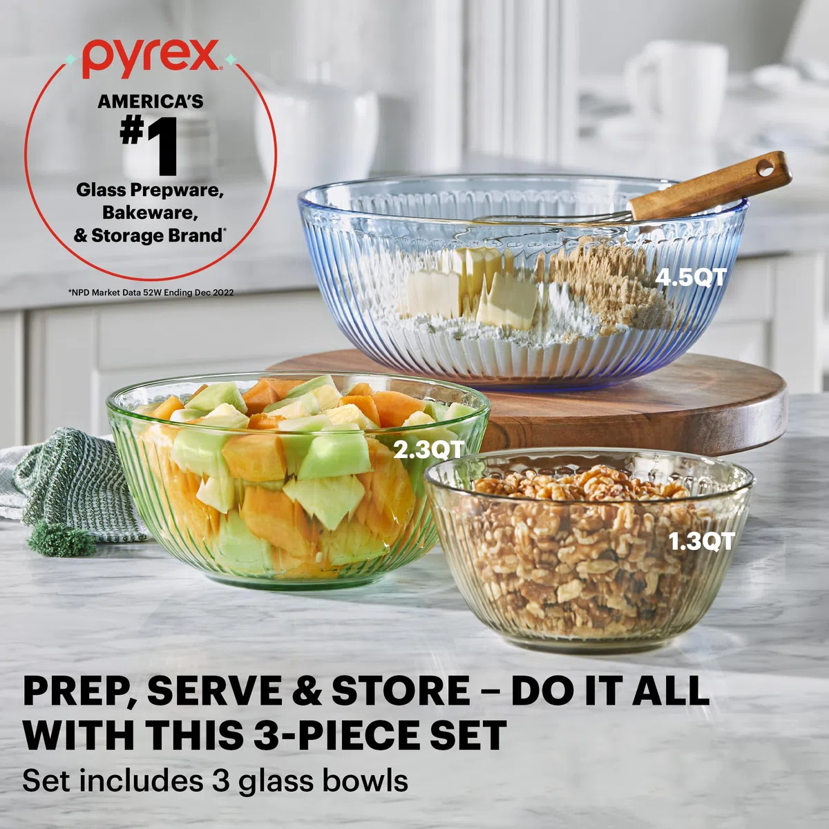 Pyrex Set completo di 6 ciotole scolpite colorate in vetro con coperchi, piccole/medie/grandi, set di ciotole salvaspazio per preparare e cuocere al forno, 1,3 qt, 2,3 qt e 4,5 QT