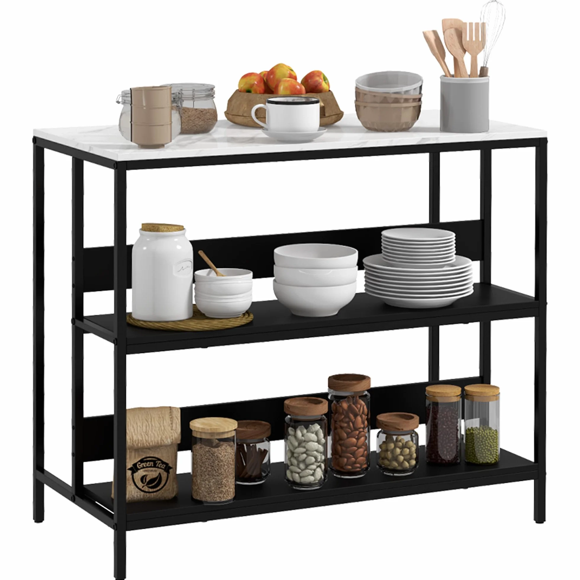 HOMCOM Isola da Cucina Bancone Bar con Ripiani, Scaffale da Cucina con Piano Effetto Marmo e Struttura in Metallo, 100x50x90cm, Nero e Bianco
