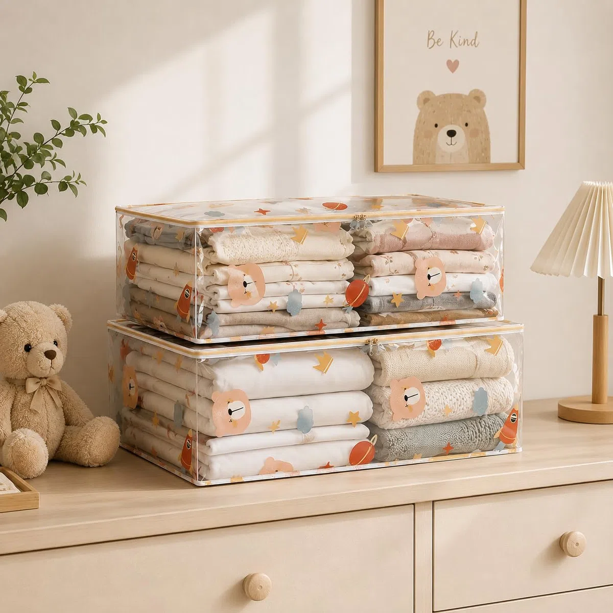 ESILA Set 2 Pezzi Sacchi Portaoggetti per Vestiti e Giocattoli Bambini – Borse Salvaspazio Trasparenti con Cerniera per Armadio, Organizer Pieghevole per Coperte, Piumoni e Abiti