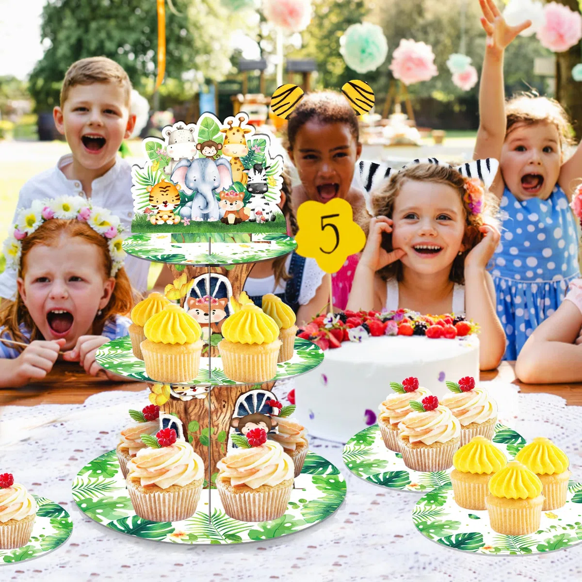 Zoo-Party - Supporto per cupcake, per 24 cupcake, 3 animali, per feste di compleanno, baby shower, feste