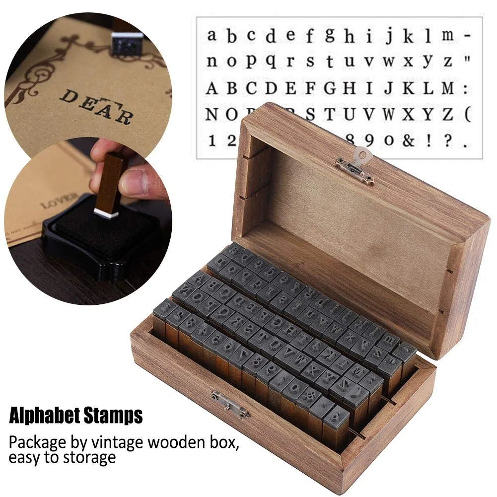 70PCS Timbri in legno vintage, alfabeto in legno lettera timbri compatibili con carta/tessuto/plastica/vetro/legno - Set di timbri numerati fai-da-te con scatola di immagazzinaggio