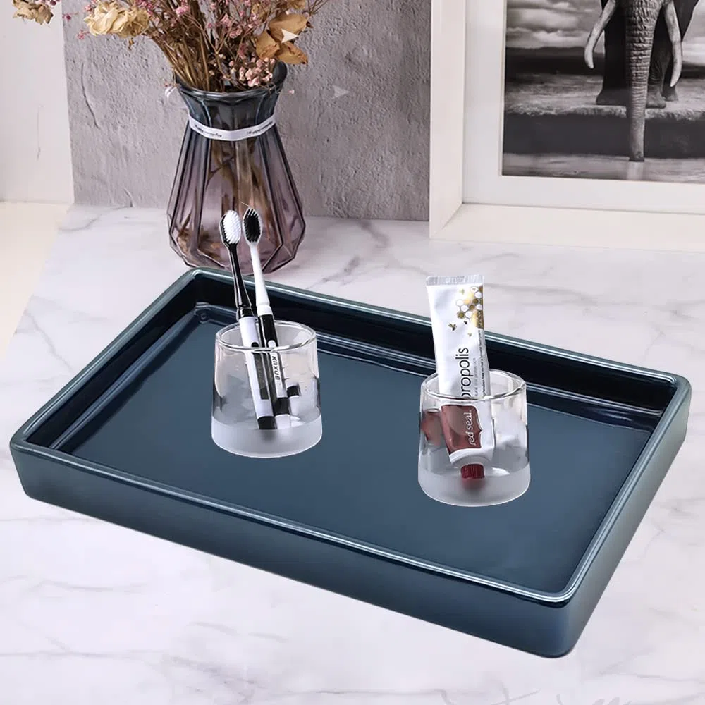 Rettangolo Vassoio da Bagno, Vassoio Portaoggetti in Ceramica, Vassoio Decorativo Bagno, per Ingresso Comò Piatto Portachiavi Anelli Gioielli, 20x10 cm Jazz Blu