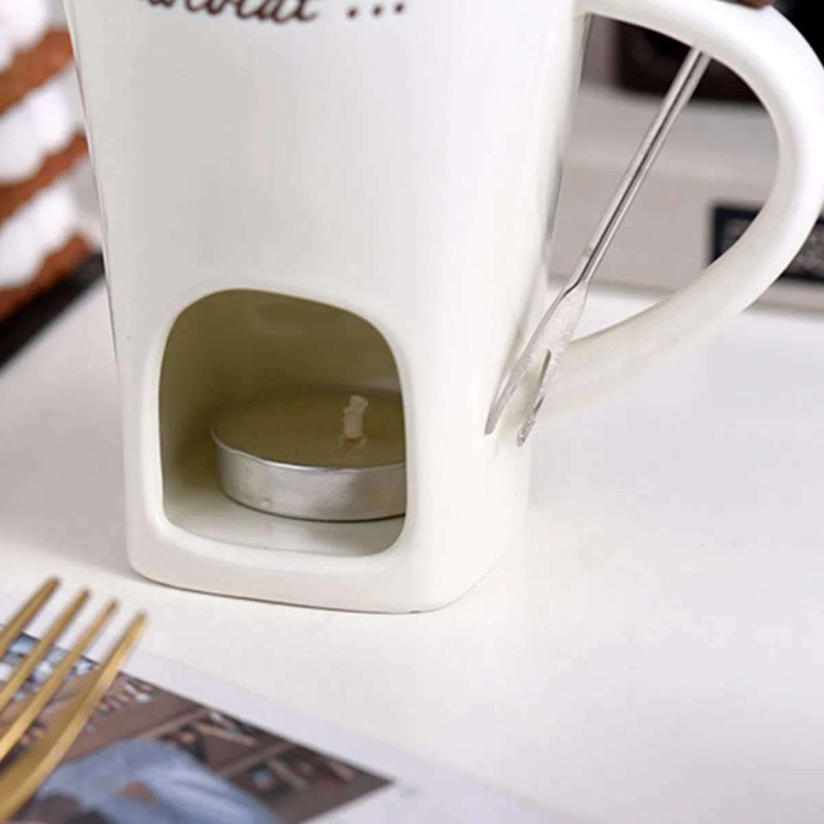 Tazza Per Fonduta Di Cioccolato, Set Creativo Di Tazze Per Fonduta Con Candele Da Tè, Tazza Da Caffè In Ceramica Per Fonduta Di Cioccolato Con Forchette, Tazze Per Sciogliere Cioccolato, Formaggio