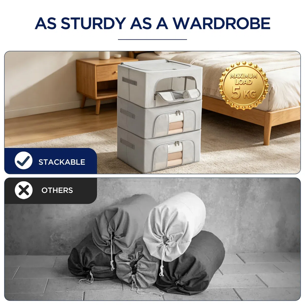 AiQInu Scatole per Armadio 2 Pezzi 24L Contenitori Salvaspazio in Tessuto 600D Impermeabili, Scatoloni per Vestiti con Finestra Trasparente, Contenitore Pieghevole con Telaio in Metallo per Abiti, Bia