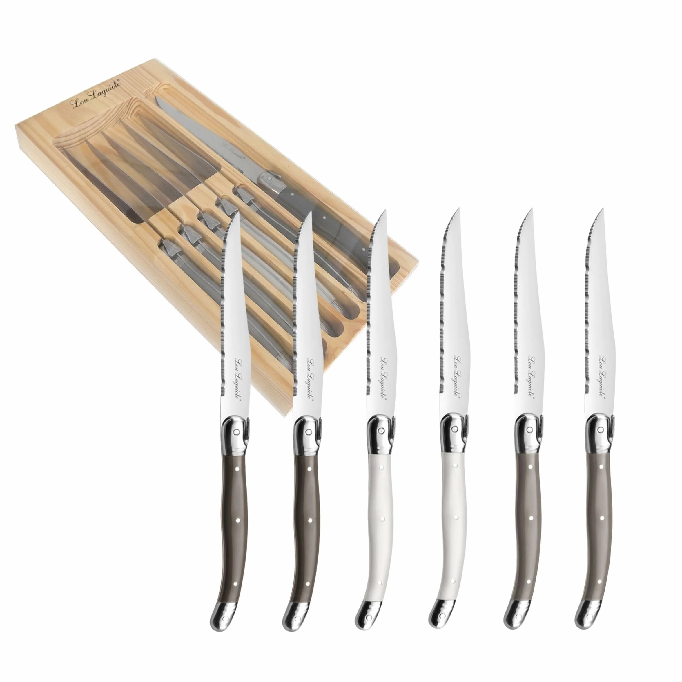 LOU LAGUIOLE - Set di 6 coltelli da bistecca - Tradition - 18/0 acciaio inox, finitura lucida - Lunghezza 23 mm - Colori variegati