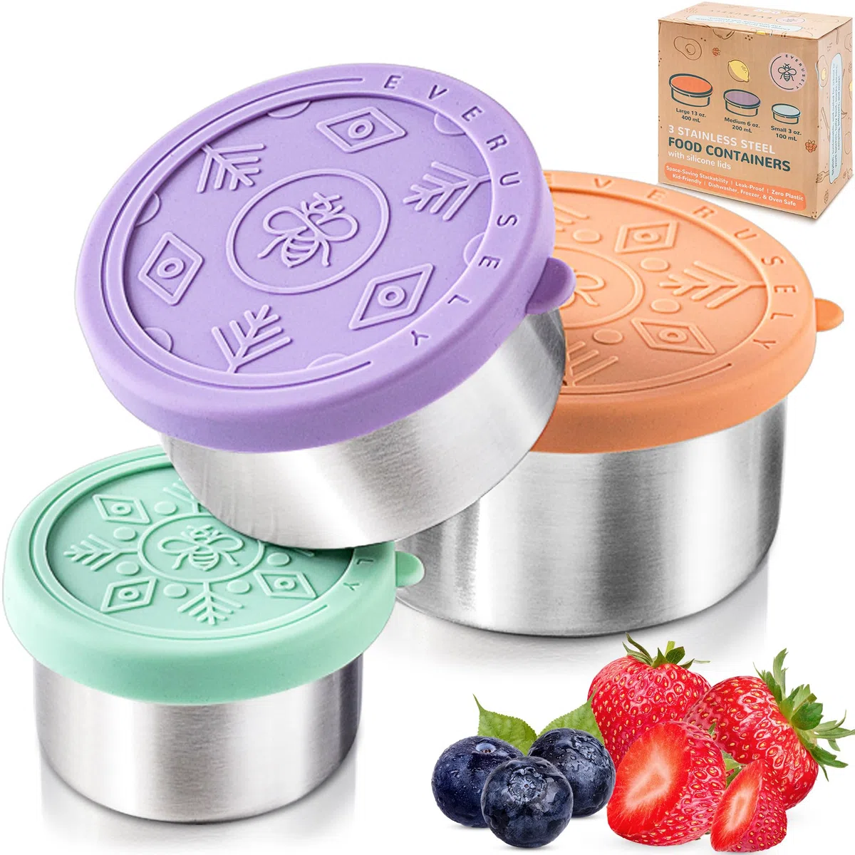 Everusely - Contenitori per Alimenti in Acciaio Inossidabile - Set da 3, Bright - Portapranzo in Metallo Contenitori per Snack per Ufficio, Conservazione a Casa - Coperchi Antifuga