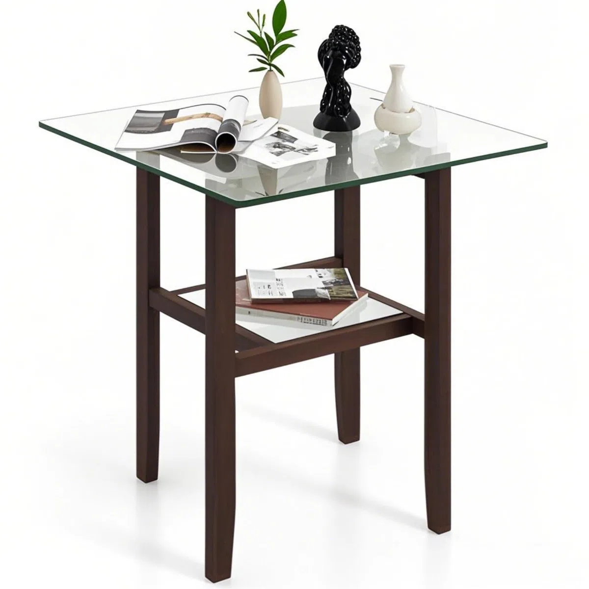 LIFEZEAL Tavolino da Divano, Tavolino Laterale da Caffè, da Soggiorno, in Legno Massello e Vetro Temperato, a 2 Ripiani, Vintage, Basso, Max 68 kg, 61x61x62 cm, Montaggio Semplice, Marrone Rustico