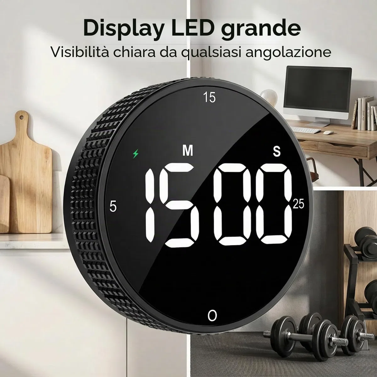 Timer da cucina digitale magnetico ricaricabile con grande schermo LED, allarme forte, 3 impostazioni predefinite (5/15/25 min), 3 livelli di volume, ideale per cucina, fitness e ufficio (nero)