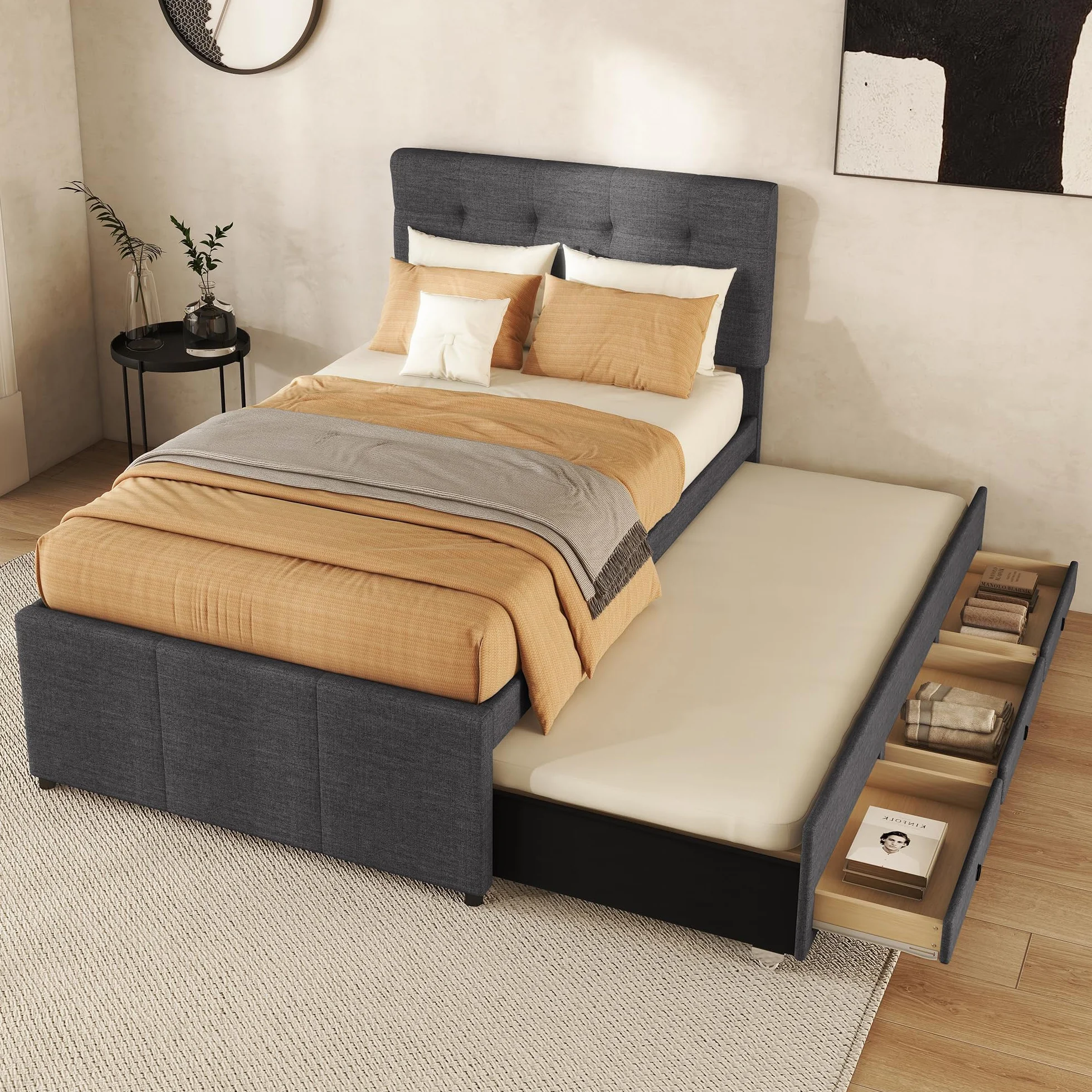 Letto imbottito 90 x 200 cm, letto singolo con 3 cassetti, telaio letto con letto estraibile 90 x 190 cm, testiera regolabile, letto familiare, lino, senza materasso (grigio, 90 x 200 cm)