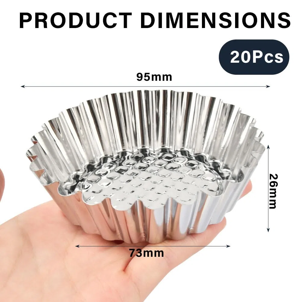 OTYMIOW Stampi di Crostate di Uova 20PCS Pirottini in Acciaio Inox 430 Alimentare, Stampo Torta Cupcake, Stampo Mini per Tortine Antiaderente Formine Muffin, Stampi Budini Formine Crostatine Dessert
