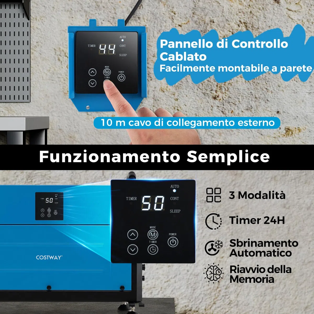 COSTWAY 58,5/73,5 L Deumidificatore Commerciale, Deumidificatore Industriale con 3 Modalità e Timer 24H, Sbrinamento Automatico per Cantina Magazzino (73,5 L/giorno Blu)