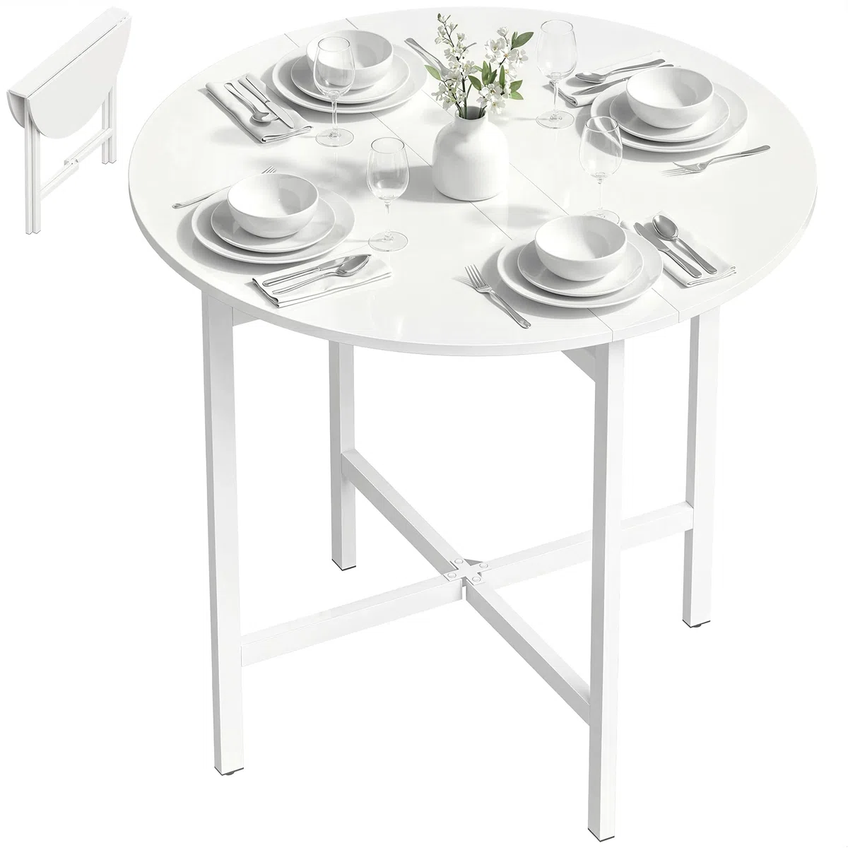 HOMCOM Tavolo da Pranzo Rotondo Pieghevole per 2-4 Persone, Ø80 cm Tavolo Cucina a Ribalta con Gambe a X in Acciaio, Salvaspazio per Soggiorno Sala da Pranzo, Bianco