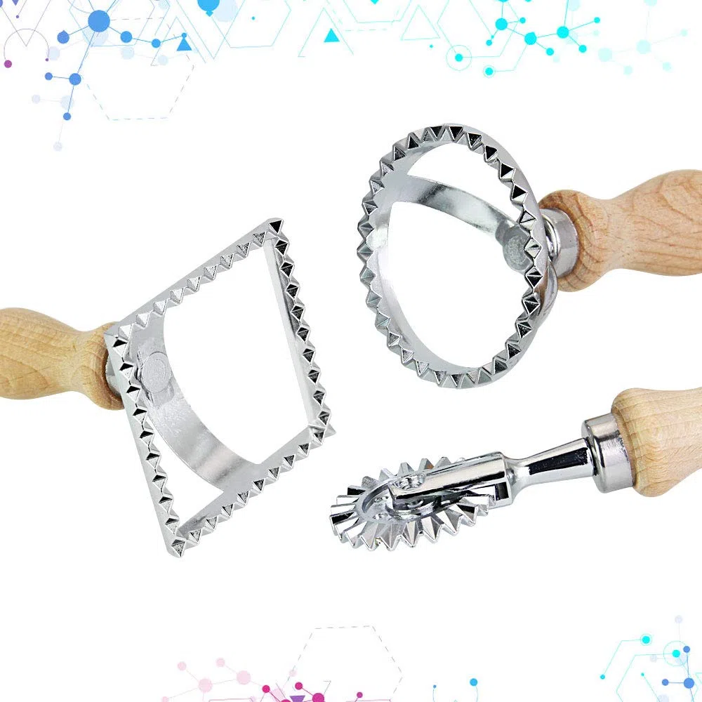 3 Pezzi Timbri per Ravioli in Acciaio Inox Taglierine Stampi per Biscotti con Manico in Legno Ravioli Maker a Bordi Scanalati per Ravioli Pasta Gnocchi Lasagna e Biscotti(3 Misure)