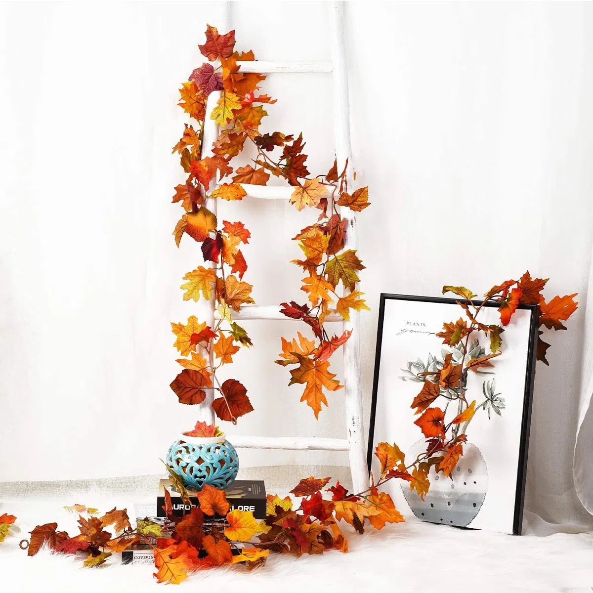 2 Pezzi Ghirlanda Foglie d'Acero Artificiali, OEMG 3,6m Ghirlanda Autunnale con 2 Luci e 4 Ganci, Ghirlande Foglie Autunnali Finte per Decorazioni Natalizie Halloween Autunno Ringraziamento Camino