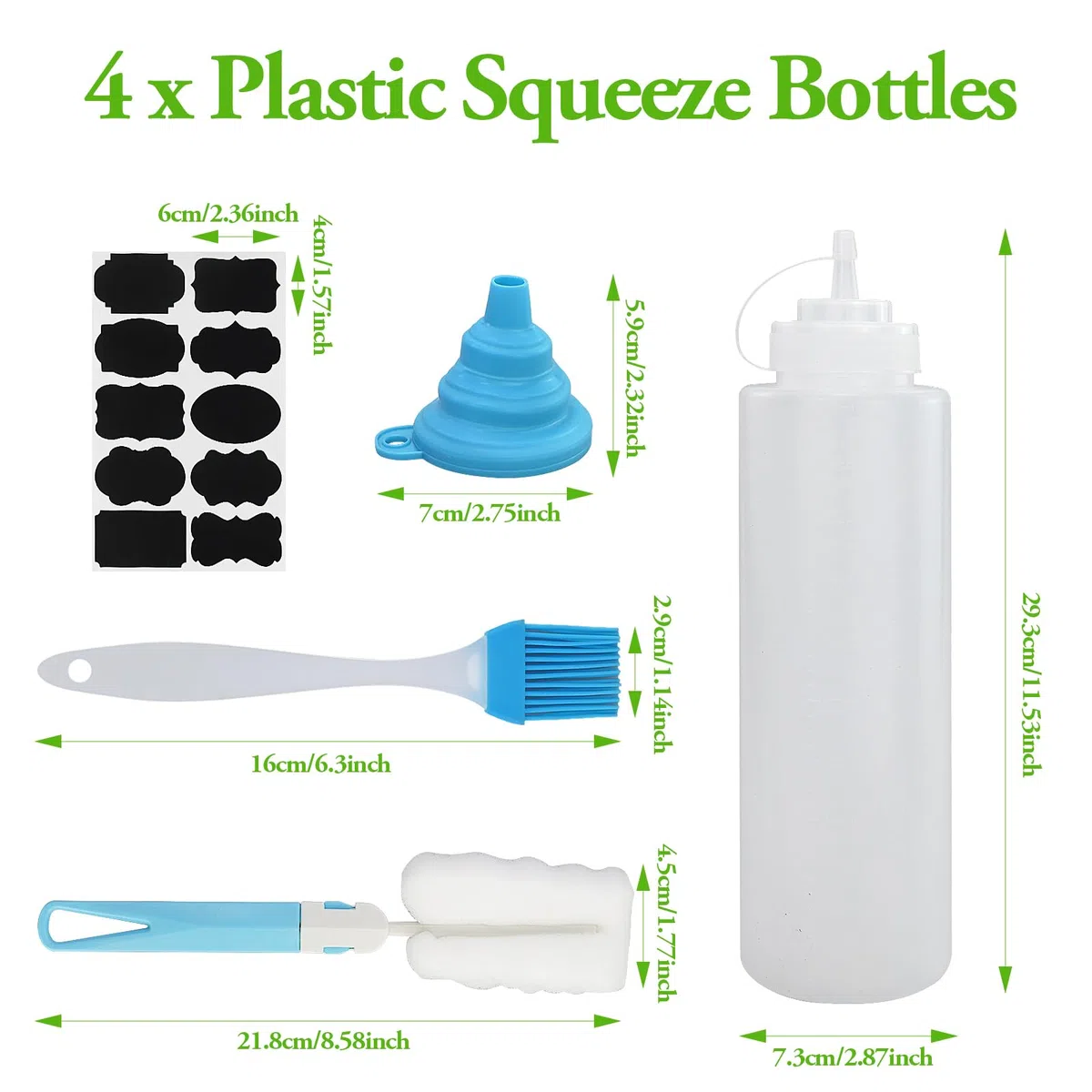 4 Pezzi Biberon Cucina Professionale 1000ml, Squeeze Bottle 32oz, Trasparente Biberon da Cucina, Ottiglia Squeeze di Plastica con 1 Pennello di Pulizia e 10 Adesivi per Ketchup Olio D'Oliva