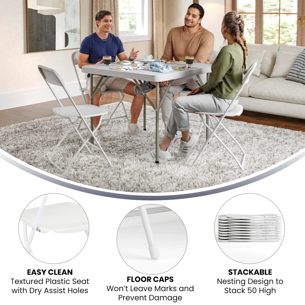 Flash Furniture Sedia pieghevole in plastica serie Hercules, bianca, confezione da 10 650LB, comoda sedia per eventi, sedia pieghevole leggera