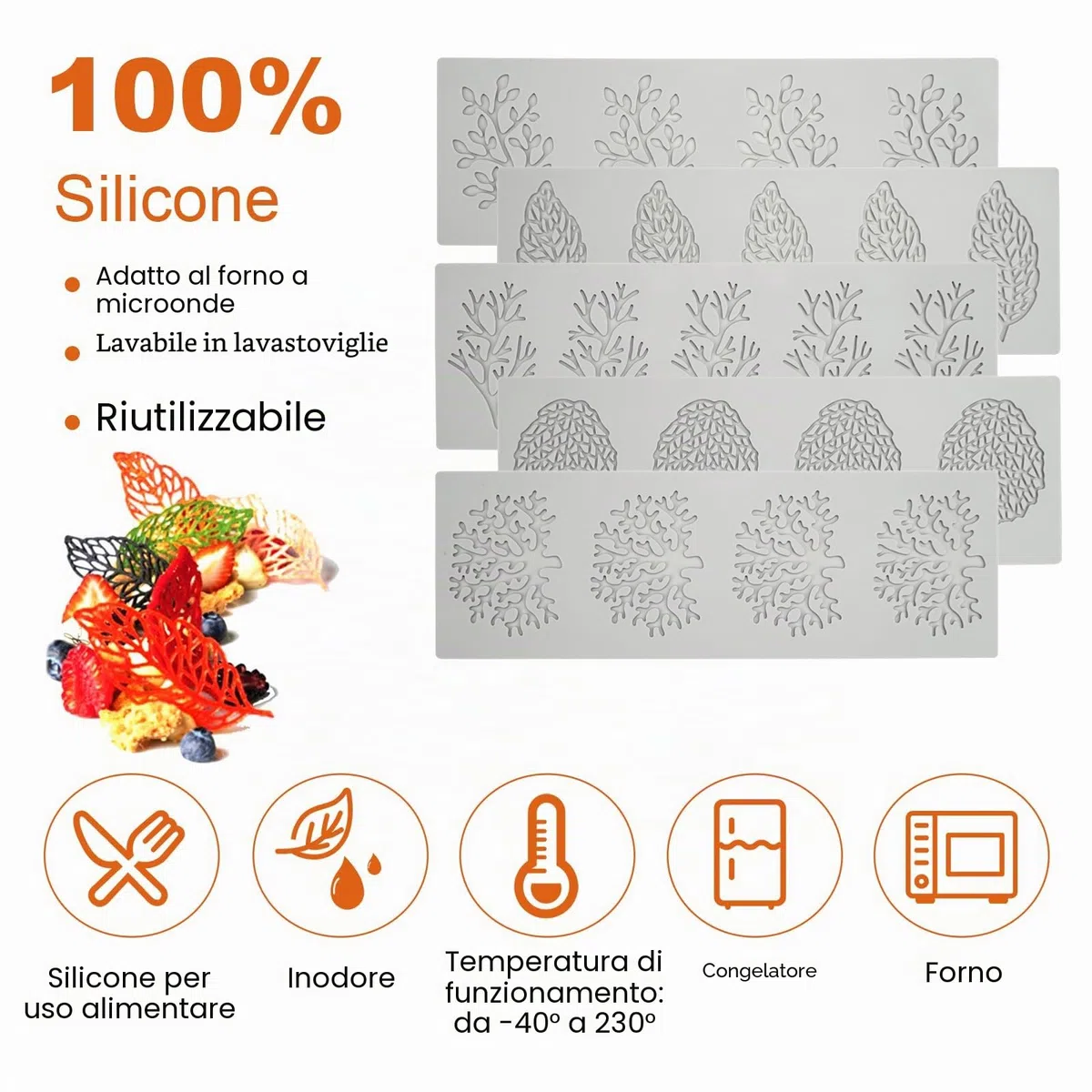 Stampo per Torta in Pizzo, 5 Pezzi Tappetino in Pizzo di Silicone, Stampi per Fondente in Pizzo, Stampi Silicone Foglia, per Dessert, Torte, Decorazione del Piatto