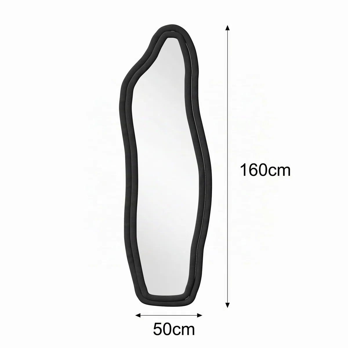 Specchio su irregolare,160x50cm,specchio a piena lunghezza,grande specchio da parete con cornice in velluto nero e supporto,da appendere,in piedi,inclinabile per camera da letto, soggiorno, ingresso