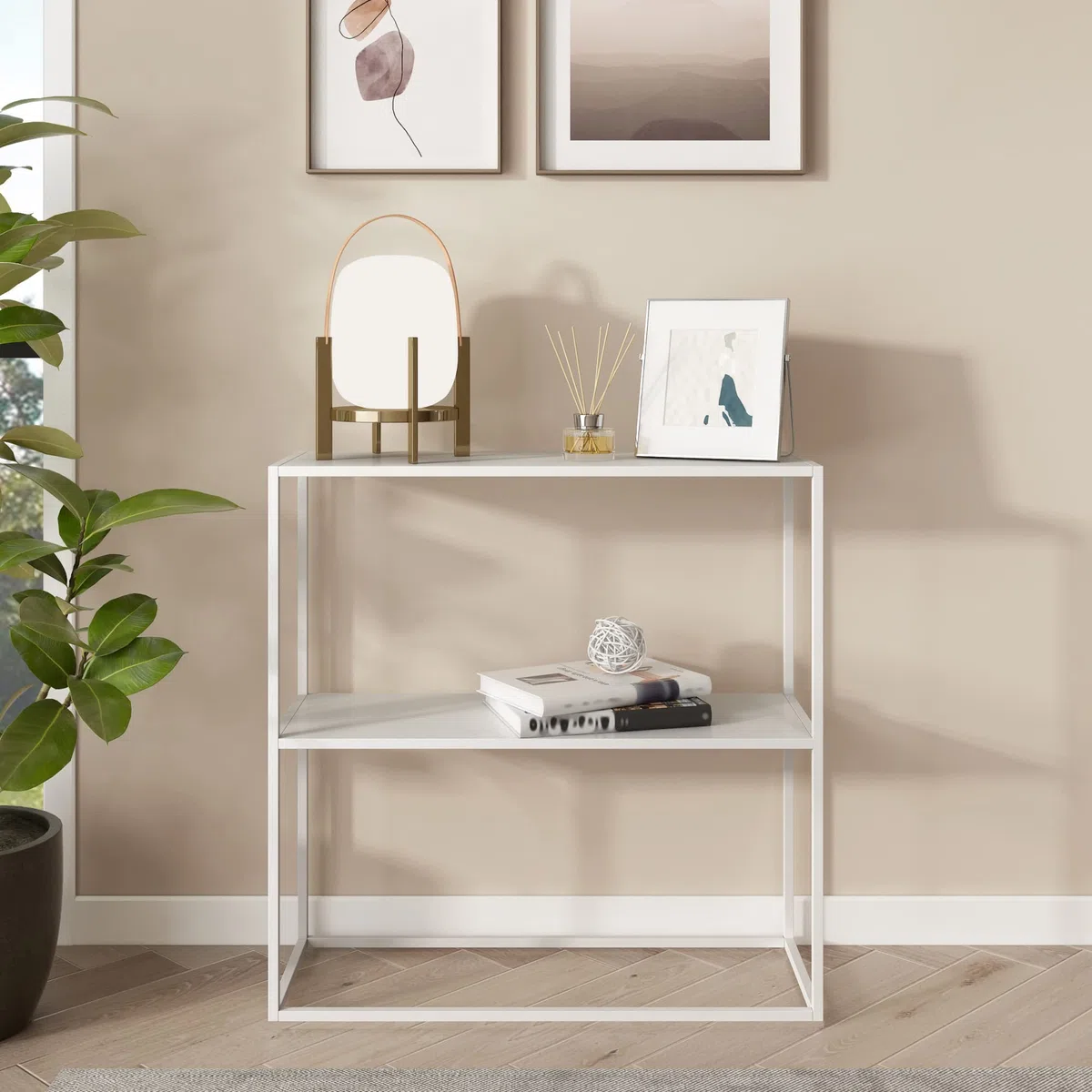 [en.casa] Tavolo a Consolle con 2 Piani Mobile Stretto da Ingresso Consolle in Acciaio Scaffale da Terra Espositore 80 x 80 x 26 cm - Bianco opaco