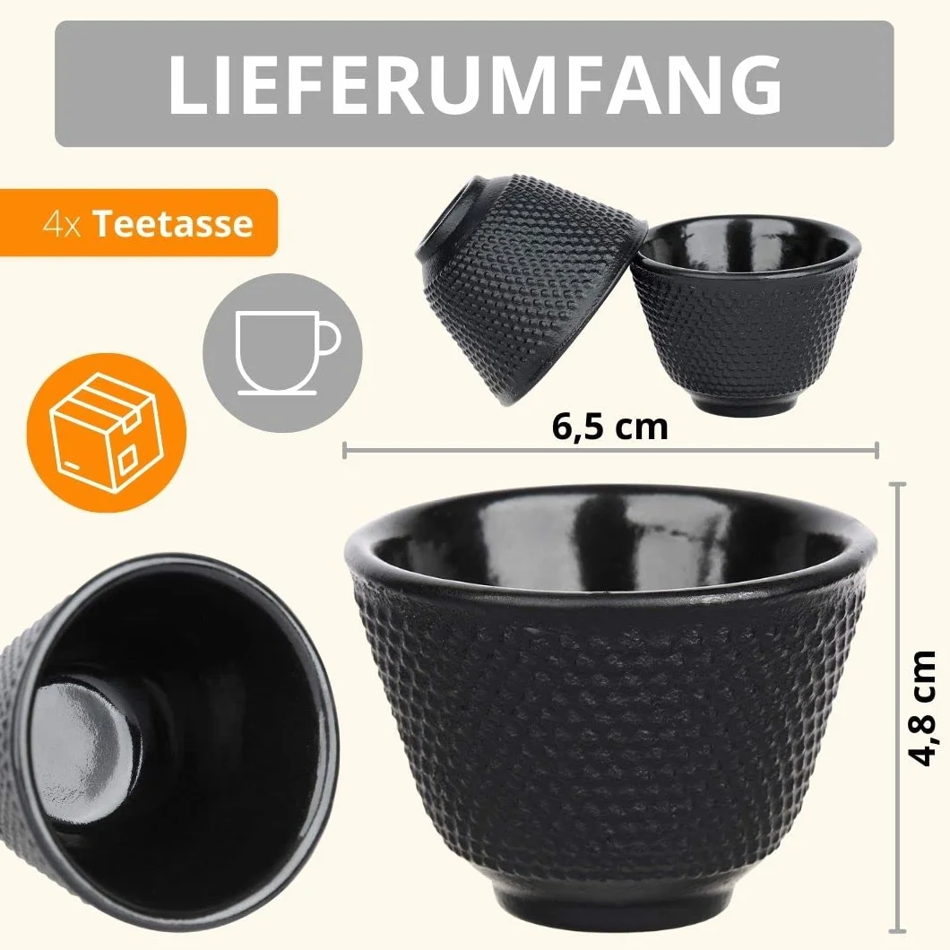AMATHINGS Tazze da tè tradizionali asiatiche (4 pezzi) – Servizio da tè cinese in ghisa nero pregiato, tazze da tè ideali per gli amanti del tè