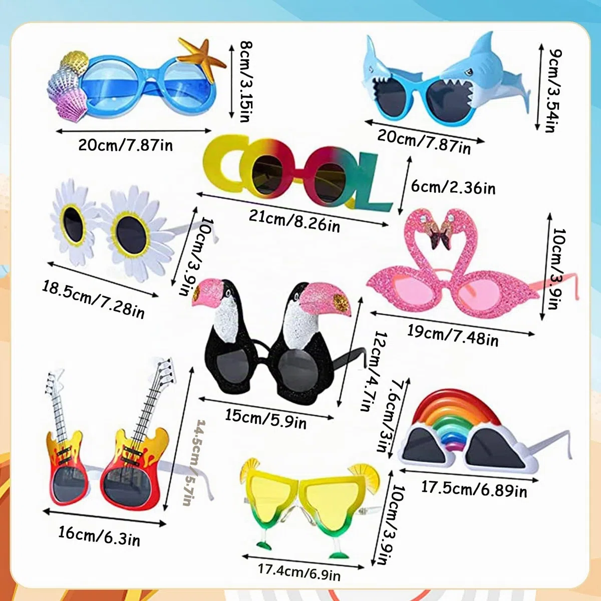 Occhiali da sole divertenti per feste, 9 paia di occhiali da sole per il tempo libero, occhiali hawaiani, accessori per feste, occhiali da festa per bambini, adolescenti e adulti