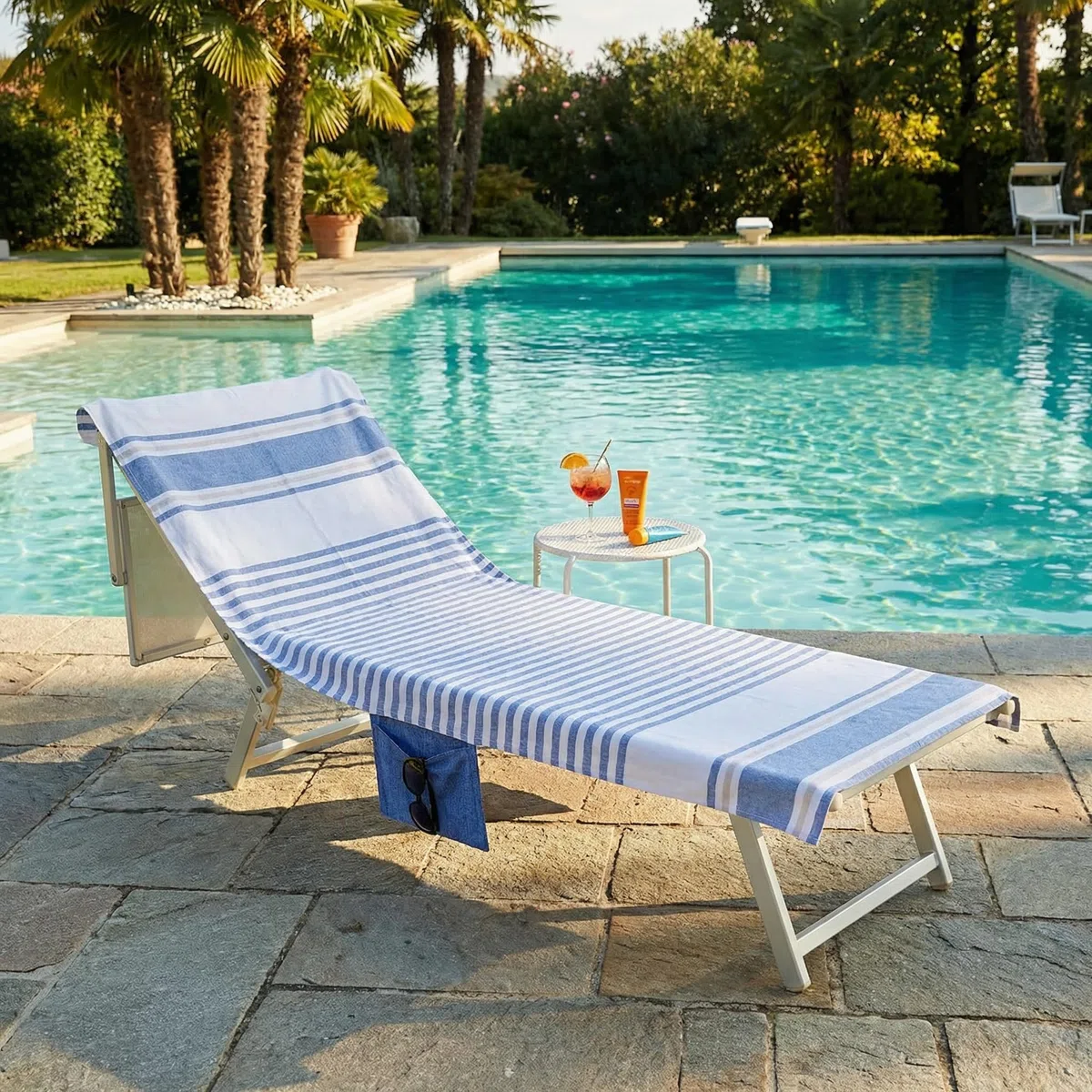 EASY HOME, Telo Mare Con Elastici, Telo Copri Lettino, in Cotone, Con Tasche Laterali Porta Oggetti, 70x190 cm, Adatto al Mare o in Piscina, Leggero, Compatto, Salvaspazio, A righe