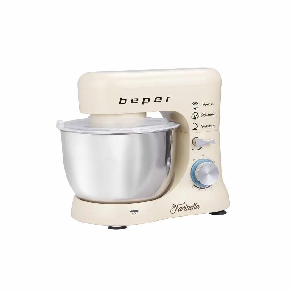 BEPER BP.200 Impastatrice Planetaria professionale 4,5L, Potenza 1000W, 8 Velocità e Funzione Pulse - Frusta, Paraschizzi e Gancio Inclusi, Bianco