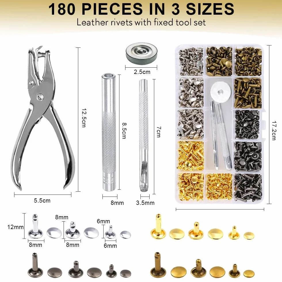 Rivetti per Pelle 12 MM/8 MM/6 MM, Borchie Metallo per Tessuti con Punch Pinze, Ribattini per Cuoio Doppia Testa - 4 Colori