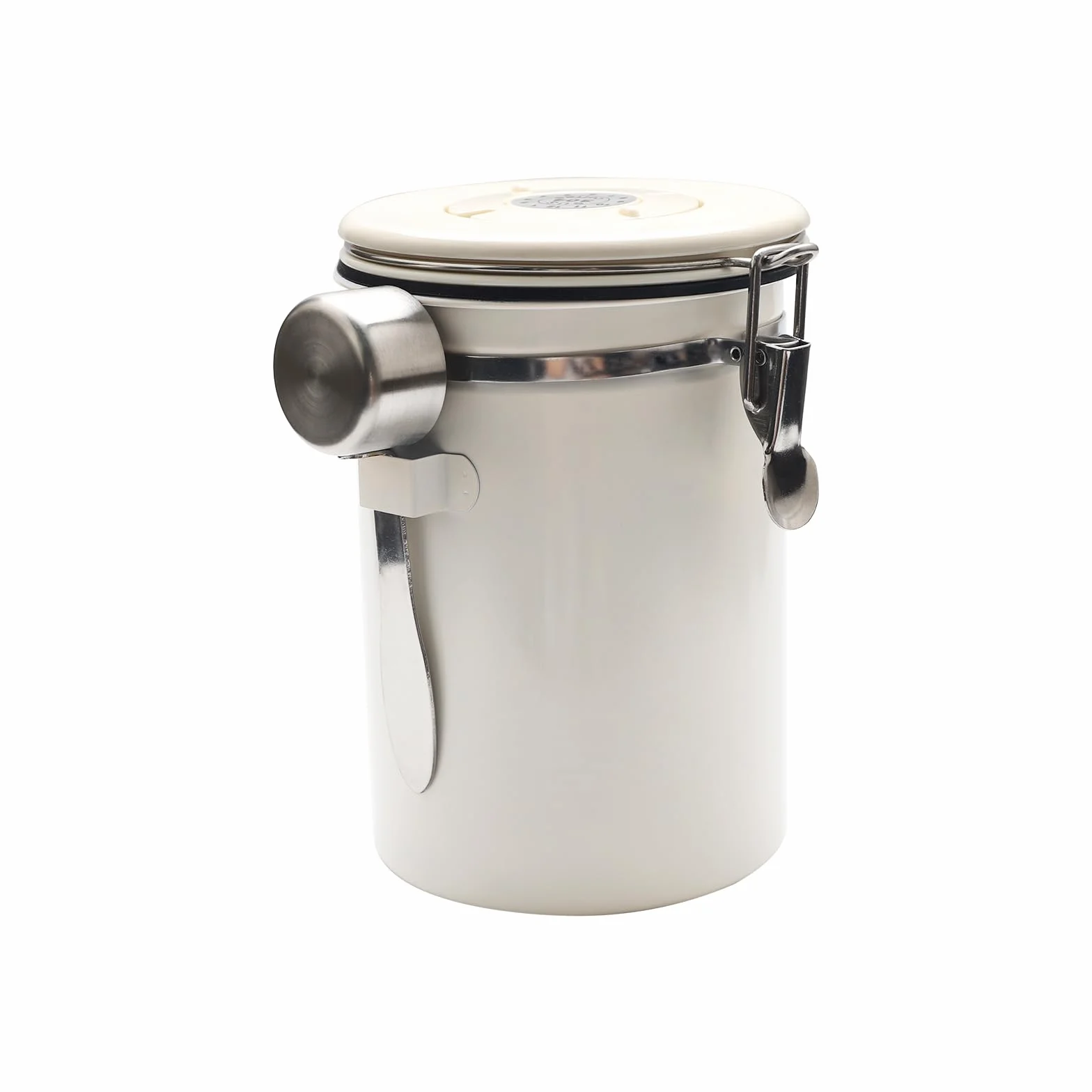 Barattolo Caffe (1,8L), Contenitore Ermetico Caffè, Materiale In Acciaio Inossidabile, Con Cucchiaio In Acciaio Inossidabile, Adatto Per Chicchi Di Caffè, Foglie Di Tè, Noci, Ecc(Bianco Panna)