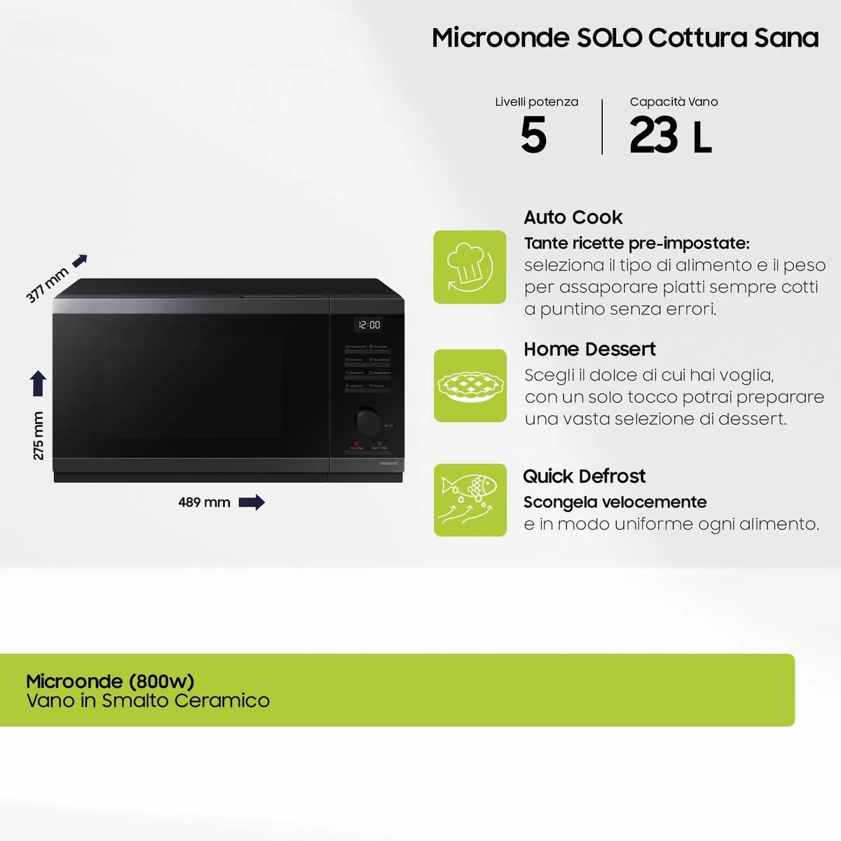 Samsung Forno a Microonde Cottura Essenziale MS23DG4504AGE1, Home Dessert, Quick Defrost, 23 L, LxAxP: 48,9 x 33,8 x 27,5