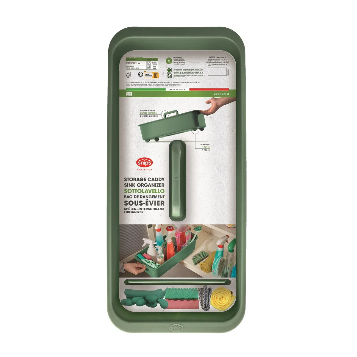 Snips Sottolavello Verde, Organizer Cucina, Porta Detersivi Salvaspazio, Cestello con Ruote e Maniglia, 45,3 x 20,8 x 17,5 cm, Made in Italy