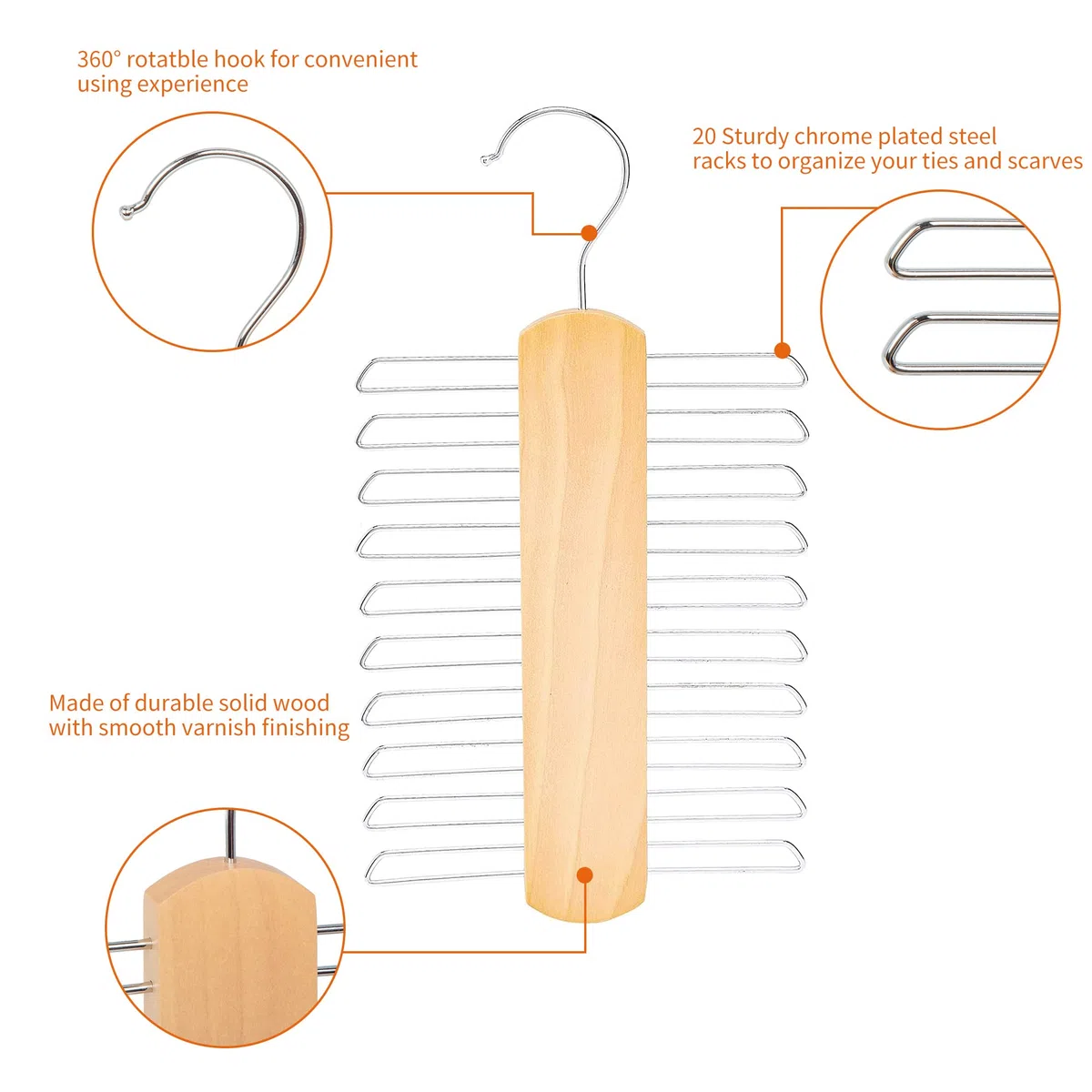 Amazon Basics Gancio con 20 barre porta cravatte e cinture in legno, naturale, confezione da 2