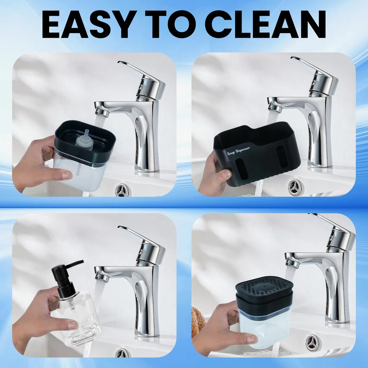 Set doppio di dispenser di sapone per lavello da cucina, dispenser di sapone 4 in 1 per mani e piatti con supporto per spugna, portaspazzole e gancio per strofinacci, design rimovibile e antiscivolo